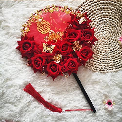 SUNMME Artificial Roses Weeding ROOd Flowers Bridal Hand Bouquet Fan Chinese Style Gold Metal Brides Accessories