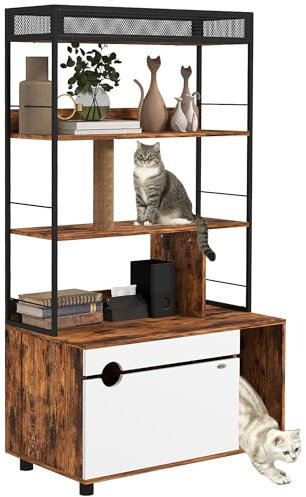 PawHut 2-in-1 Katzenklo Schrank, Katzenklo mit 3-Ebenen-Regal, Kratzpfosten, Klapptür, Katzenhaus für Katze unter 6 kg, 80 x 48 x 152 cm, Rustikal-Braun