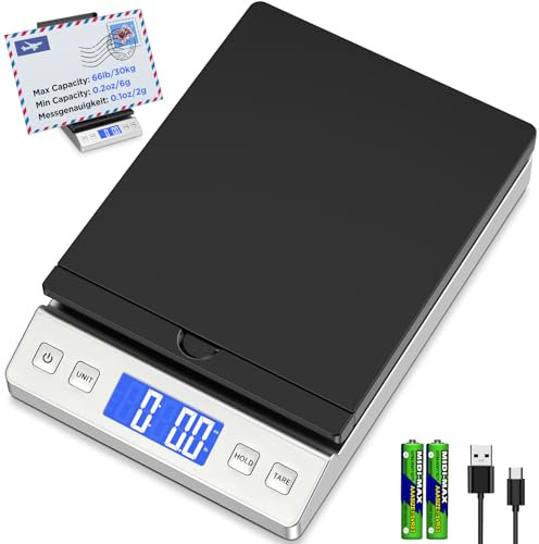 Letron Postal Scales, 66lb/30kg High Accuracy Digital Parcel Scales with Hold & Tare Function, Filp-up Postage Scales for Packages, Letters, Home, Office Use (Incl Charging Cable, 2 AAA Batteries)