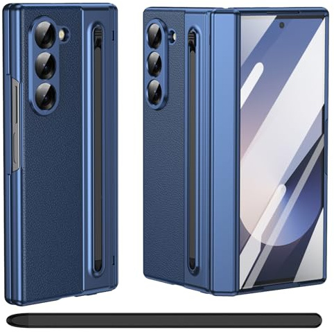 Per Samsung Galaxy Z Fold 5 Custodia con Supporto per S Pen, [Con Pellicola Protettiva in Vetro Temperato], Custodia in Pelle per Samsung Galaxy Z Fold5 con Protezione a Cerniera-Blu