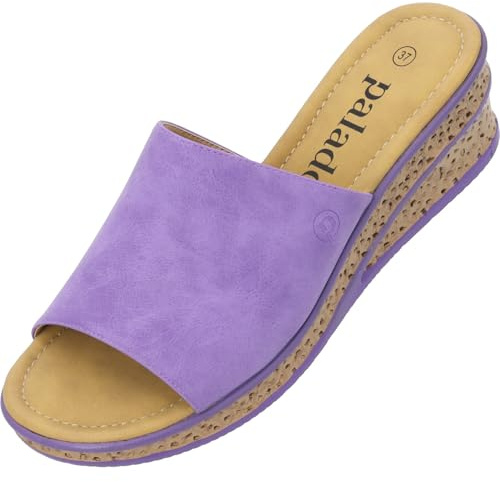 Palado Sandalen Damen Niserios – modische Pantoletten im schlichten Design - bequeme Sommerschuhe - elegante Hausschuhe mit Keilabsatz Violett UK7 - EU40