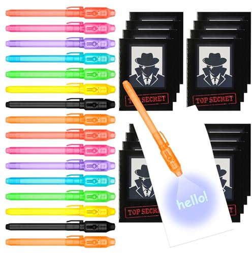 OFFCUP Invisible Ink Spy Pen Set - 16pcs Magic Marker with UV Light and Pouch for Detective Theme Writing Secret Messages - Kids Party Bag Fillers with Book