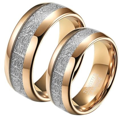 Lirzxin Anello Fedina Donna Uomo, Anelli Coppia Personalizzato Tungsteno Lamina di Metallo con Intarsio Rotondo Lucido 8MM Fidanzamento/Matrimonio/Nuziale Oro Rosa Donne 12 & Uomini 12