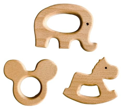 OHREN Pack of 3 Baby Teething Ring Wooden Baby Wooden Figures, Natural Wooden Rings, Handmade Pendant Kit for DIY Jewellery, Crafts (Natural Wood)