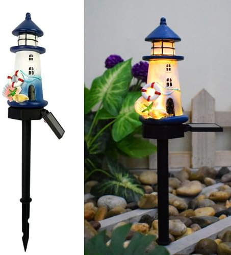 YZYOE Solar Blau und Weiß Leuchtturm Atmosphäre Lichter, Garten und Hof Dekoration Harz nette Haus Stehlampe, Drahtlose Dämmerung zu Dämmerung LED Lichter wasserdicht.