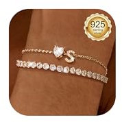 LOLIAS Armband Damen Gold - 925 Sterling Silber Fußkettchen Tennis Armband Personalisiert mit Herz Buchstaben Anhänger Layered Armband Fußkettchen Sommer Strand Fuß Geschenke Schmuck S