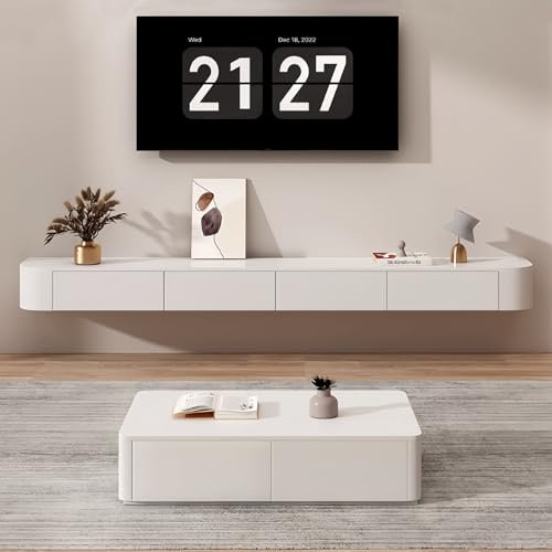 Ecoxsnz Floating TV Unit with Flip-Down Doors, 140 CM Wall Mounted TV Stand With Drawers, Floating TV Media Cabinet With Storage for Living Room & Bedroom (White, 140cm)