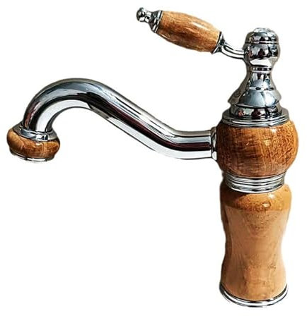 XSDSM Robinet de Lavabo Rétro en Jade pour Salle de Bain Poignée Unique Rotative à 360° Eau Chaude et Froide Adapté au Balcon de L'Hôtel,Chrome + Grain de Bois Jaune,A