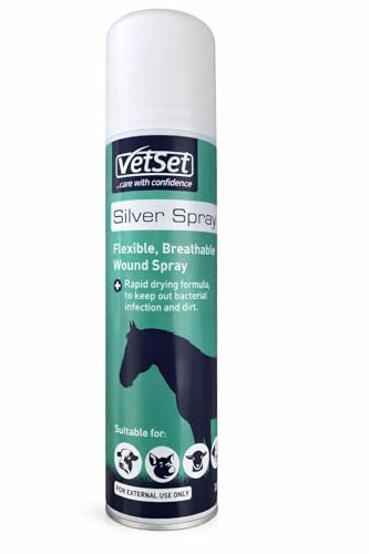 VetSet Silver Spray for Animal Wounds, Horses, Dogs & Livestock 250ml | Antiseptic aluminium coating for external wounds and abrasions; breathable protective barrier