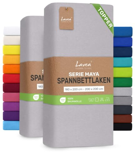 Lavea® 2er Pack Topper Spannbettlaken 180/200x200cm – Silber | 100% Baumwolle Jersey – Für Topper bis 10 cm Höhe – Weich, Formstabil und Langlebig