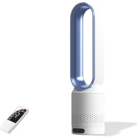 Oamger Rotorloser Ventilator mit Luftreiniger, Turmventilator Leise mit Fernbedienung,30dB, 80° Oszillation, 8 Geschwindigkeiten, 2H Zeitschaltuhr, LED-Anzeige,für Schlafzimmer, Büro (Blau)