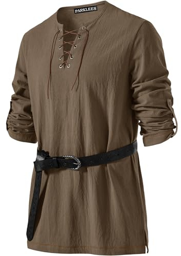 PARKLEES Men's Medieval Viking Pirate Vintage Costume | for Renaissance, Halloween, Cosplay, Lace Up, Drawstring, Long Sleeve