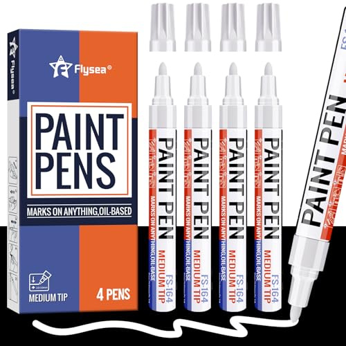 Alitastro White Paint Pens 4 Pcs Oil Based Medium Tip Permanent Marker Pen | Waterproof, Quick-drying, Fade Resistant, 3mm Paint Markers for Rock Painting, Plastic, Metal, Car Tyre, Glass, Wood, Canvas