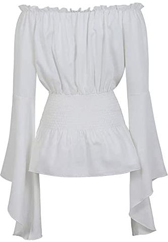 Mittelalter Bluse Damen Renaissance Schulterfrei Trompetenärmel Rüschenbluse Gesmokt Taille Viktorianisch Gothic Steampunk Pirat Kostüm Oberteil Elegant für Halloween, Karneval, Alltag & Festival