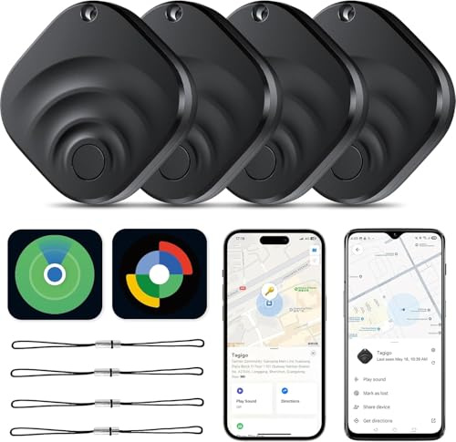 TiMu 4er Pack Dual-System GPS Tracker Android & iOS, Schlüsselfinder kompatibel mit Google Find Hub und Apple Find My, Air Tracker Smart Tag für Schlüssel/Gepäck/Koffer/Taschen (4 Schwarz)
