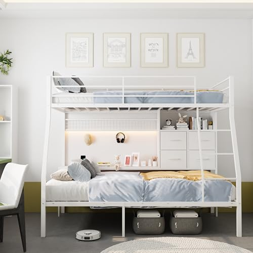 XINBEDEU 3FT Twin Over Twin Metal Bunk Bed with LED Lights, USB Charging Station, Storage Drawers & Shelves - Angled Ladder & Safety Guardrails for Kids Teens, Dorm, Bedroom (White, Twin)
