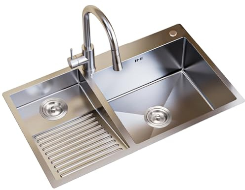 XDCXYD Silbernes Waschbecken Aus Edelstahl Inselwaschküche Doppelwaschbecken Waschbecken Für Den Balkon Und Den Garten Zu Hause(Silver(L),100 * 48 * 21cm)