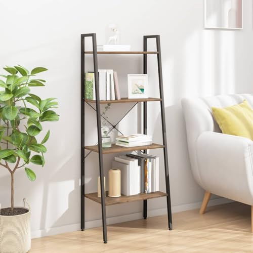 Fangmaliuyun Standregal 4 Böden mit Dunkelbraun/schwarzer Holzoptik 56x35x140 cm aus Stahlrahmen Robust und stabil Bücherregal für Wohnzimmer Schlafzimmer Büro Balkon Mehrzweckschrank