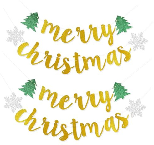 Housoutil Weihnachtsbanner „Merry Christmas“ Glitzerpuder Wimpelkette Roségold Papierbanner für Weihnachtsfeier Baum und Wanddeko Partydekoration