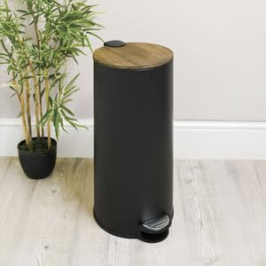 wilko Bamboo Malmo Pedal Bin 30L Black with Soft-Close Lid for Kitchen