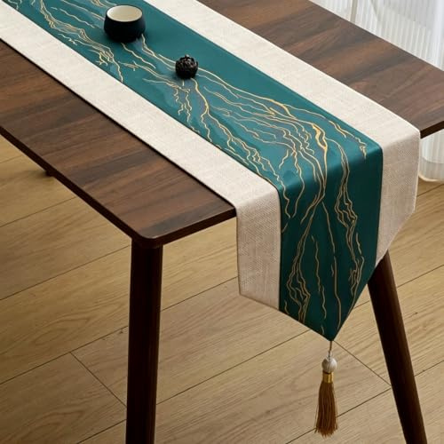 Ce Chemin De Table De Style Chinois Présente Un Design Bicolore, Combinant Un Imprimé Effet Marbre Doré Avec Des Pompons En Cascade, Parfait Pour Les Tables Basses(Green,12.6x59in/32x150cm)