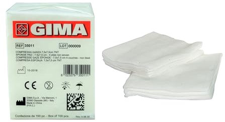Gima 35011 Compressa Garza, Tessuto Non Tessuto, 4 Strati, 7.5 x 7.5 cm, Confezione da 100