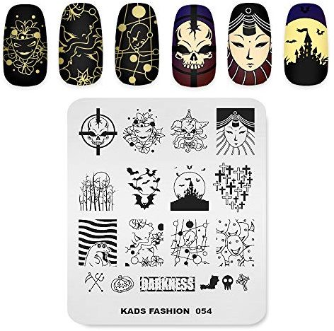 Alexnailart Nail Stempelplatten Kreative Dark Halloween Theme Bild Design Vorlagen Bat Cross Skull Multi-Muster-Leiterplatte Maniküre DIY Nail Art Druck werkzeuge