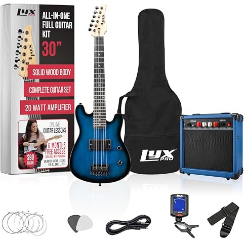 LyxPro 30 Inch Electric Guitar and Starter Kit for Kids with 3/4 Size Beginner’s Guitar, Amp, Six Strings, Two Picks, Shoulder Strap, Digital Clip On Tuner, Guitar Cable and Soft Case Gig Bag - Blue