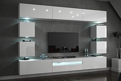 FURNITECH Wohnwand Wohnzimmer - Wohnzimmer Möbel mit LED RGB - 16 Farben - Hängend Wohnwand Modern - Wohnzimmer Schrankwand mit Regale und TV Schrank (Future C81-HG-W2 1B - 273 cm)