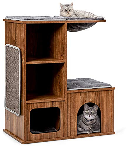 COSTWAY Mueble para Gatos Árbol Actividad para Gatos con Alfombra Rascadora y Colchonetas Casa de Madera de Gato