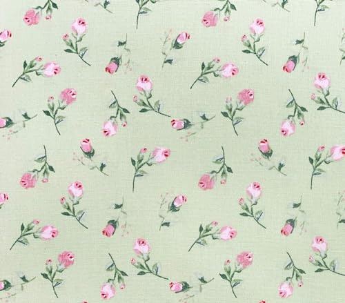 Cotton Fabric - Pretty Pink Rose Bud Floral Print on Green - Craft Fabric Material by the Metre