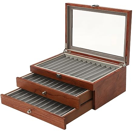 Futchoy Stifte Sammelbox Holz für 34 Füller Stifte Kugelschreiber, mit Schubladen, Stifthalterbox Federhalter Display Organizer Box mit Glasfenster 3 Ebene Vitrine (Rosenholz)