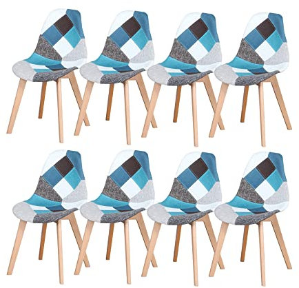 BenyLed Pack de 8 Sillas de Comedor Sillas de Patchwork de Colores con Patas de Madera Sillas Escandinavo con Respaldo de cojín Suave (Azul)
