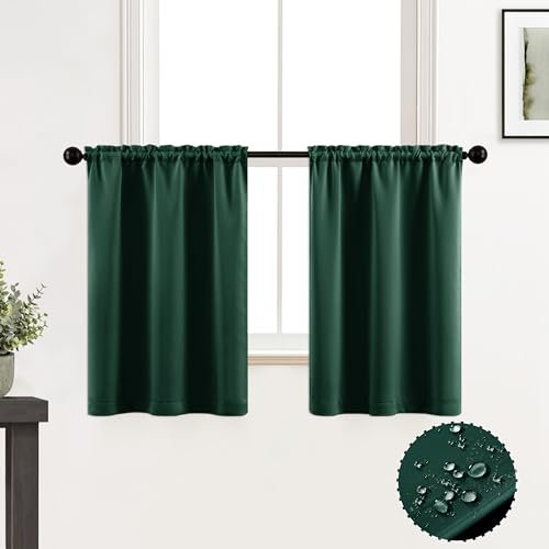 Emerald Green Decor Kitchen Curtains 24 Inch Length Sets of 2 Pack,Waterproof Short Curtain Volants for Bathroom Shower Small Window Bedroom Christmas Decor Hunter Green