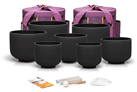 TOPFUND Chakra Set of 7 Black Crystal Singing Bowls 6-10 inch with Heavy Duty Carrying Cases and Singing Bowl Mallets
