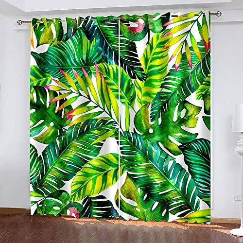 DONGSHAN Rideau Thermique Isolant Feuilles de Palmier Rideau Salon Lot de 2, Occultants Isolant Phonique Rideaux à Oeillets pour Chambre Cuisine Fenêtre Décoration - 132x158 cm (L x H)