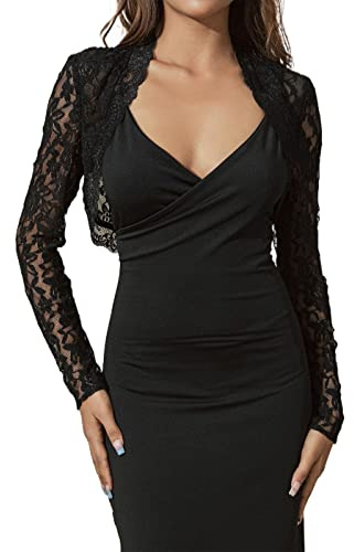 GORAIS Lace Shrug Womens Bolero Jackets for Evening Dresses Long Sleeve Wedding Shrugs for Bride and Bridesmaids Black