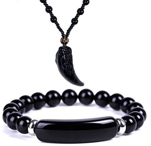 Soulnioi Schwarzer Onyx Kristall Brücke Perlenarmband und Vintage Obsidian Wolfszahn Anhänger Halskette