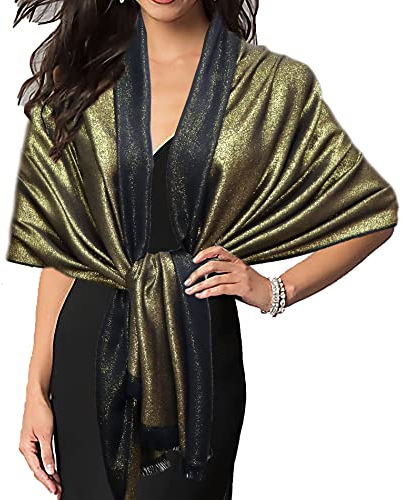 Gragengs Funken Metallic Pashmina Schals und Stola für Damen, Lange Party Tücher Einheitliche Farbe Zwei Töne,Schwarz/Gold