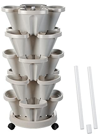 Tectsia Fioriera verticale a forma di fragola, fioriera impilabile a 5 livelli con asta di supporto, fioriere impilabili per erbe aromatiche e ortaggi, per interni ed esterni, grigio chiaro