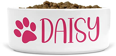 Personalised Ceramic Dog Bowl Paw Print - Ideal for Food & Water Bowls Size Medium-Large Dogs (Raspberry print, Text Style HA)