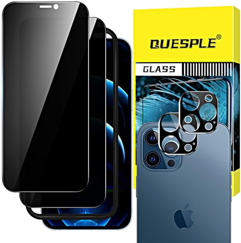 QUESPLE Privacy Screen Protector for iPhone 12 Pro Max 6.7-Inch with Camera Lens Protector, 28° Anti Spy Tempered Glass Film with Easy Installation Tool, Case-Friendly, 2+2 Pack