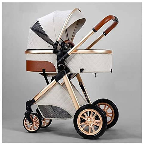 Kompakter zusammenklappbarer Kinderwagen Luxus-Kinderwagen for Neugeborene, Kinderwagen mit hoher Landschaft, faltbarer Kinderwagen mit Anti-Schock-Federn und hoher Sicht (Color : White)