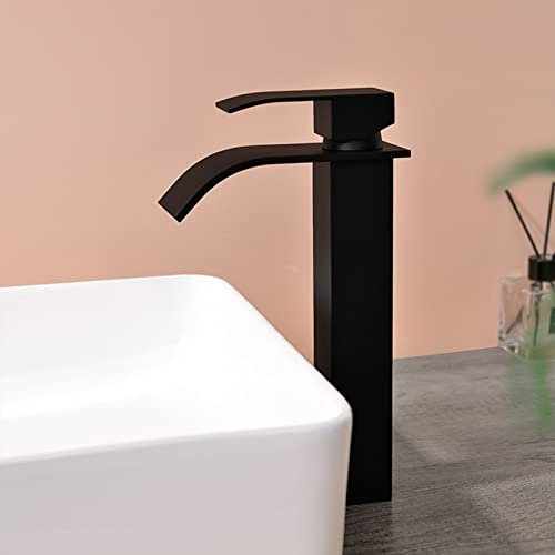 Robinet Vasque à Poser Noir Mitigeur Cascade Mince À Bec Plat Robinet Lavabo Salle de Bain En Acier Inoxydable Monotrou