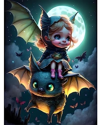 DAERLE Diamond Painting Niedliche Fledermaus, Diamant Painting Bilder Niedliches kleines Mädchen und Haustier, Diamond Painting Erwachsene Wohnzimmer Schlafzimmer Büro Halloween Dekoration 30x40cm