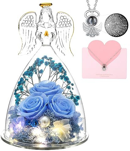 ANWEAO Gifts for Women Christmas Birthday Gifts for Mom Preserved Blue Rose with Lights Forever Flower in Glass Angel Figurines with I Love You Necklace Birthday Gifts for Women Her Mom Wife Grandma