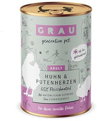 GRAU – das Original – Nassfutter für Katzen - Huhn & Putenherzen, 6er Pack (6 x 400 g), getreidefrei, für Erwachsene Katzen