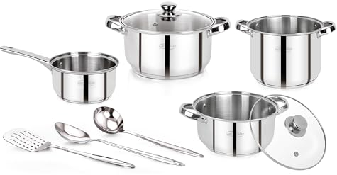 Bateria de cocina, acero inoxidable, inducción, Lexia: cazo 16 (1.7 L), 2 cacerolas con tapa 2x20 (3.3 L y 4.2 L) y 24cm (5.7 L) + 3 utensilios cocina: cucharón, cuchara de cocina y espátula ranurada