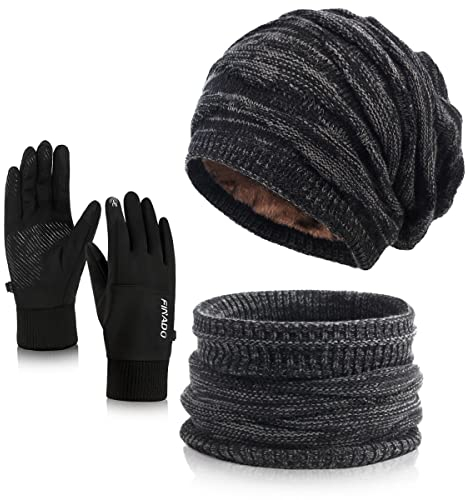 Wintermütze Schal Handschuhe Sets Damen,Weichem Strickmütze ,Touchscreen ,Warme Beanie Mütze Winter mit Fleecefutter für Ski 3Stück-Schwarz