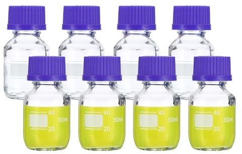PATIKIL 8 Pack Reagent Media Storage Bottles, 50ml Borosilicate Glass Graduated Round Bottles with GL32 Blue Screw Cap for Lab Water Reagent Liquids, Clear